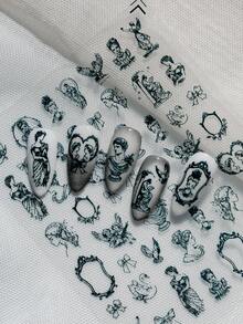 A Retro Dark Nail Sticker With Relief Texture Design, Gothic Baroque Style, Featuring Classical Portraits, Bows, Carved Picture Frames And Other Patterns, Suitable For Personal DIY And Creating Dark And Exquisite Nail Art Nails Nail Supplies - Black - View 2