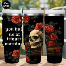 1pc 12oz/20oz/40oz Gothic Skull And Roses Tumbler With Lid And Straw, Winter Insulated Travel Mug, Gift For Women Men, Ideal For Christmas, Memorial, Christmas, Birthday Gift, Iced/Hot Coffee Cup For Office - 20盎司 - 查看 2