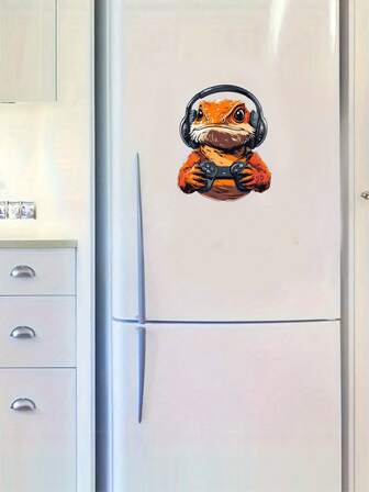 1 st söt lejonödla spel & fransk bulldogg dekorativ heminredningsklistermärke - PVC självhäftande vattentät avtagbar estetisk heminredning nödvändigheter dekoration dörrväggklistermärken, design med hörlurar livfulla blandade färger för toalettlock, badkarsklistermärken, väggklistermärken, bildklistermärken fönsterklistermärken badrumsdekor - festlig högtidsdekoration för hem, kontor, fest - perfekt presentidé, badrumsdekorationer, easystick-material