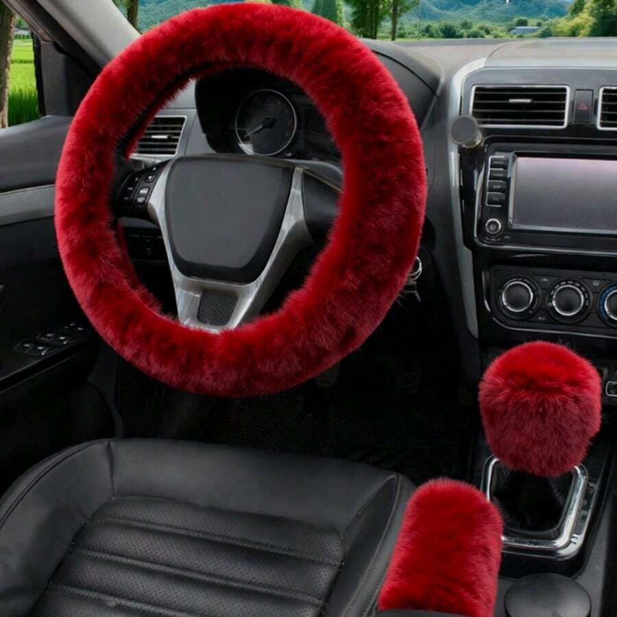 3件套毛绒兔子汽车方向盘套，蓬松冬季方向盘套，弹性车把套，方向盘套，汽车轮毂套，方向盘套，汽车配件，方向盘套，女士方向盘套