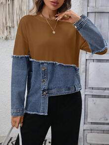 女士优雅拼接卫衣上衣，春秋季 - 焦糖藍 - 查看 3