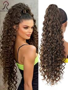 60 cm tief braune tiefe Wellen Clip-On Pferdeschwanz Perücke - hitzebeständige synthetische Faser, erzeugt natürlichen lockigen Haarstil, geeignet für den täglichen Gebrauch von Frauen, Haarstyling, voluminöses lockiges Haar, hitzebeständige Faser, Haaraccessoire - Braun - Übersicht 2