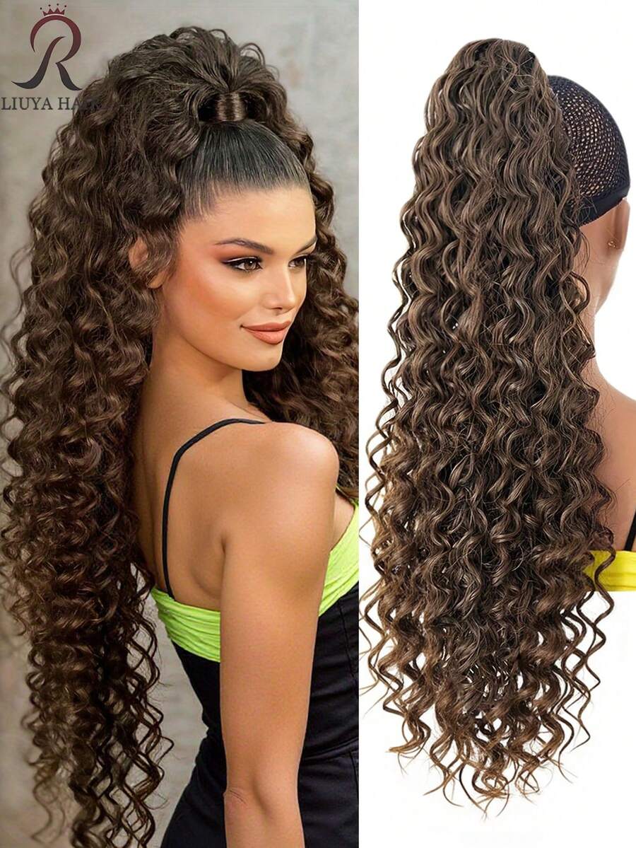 60 cm tief braune tiefe Wellen Clip-On Pferdeschwanz Perücke - hitzebeständige synthetische Faser, erzeugt natürlichen lockigen Haarstil, geeignet für den täglichen Gebrauch von Frauen, Haarstyling, voluminöses lockiges Haar, hitzebeständige Faser, Haaraccessoire