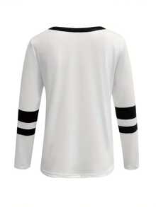 [Elegant Tee] Stylish Black And White Long Sleeve-Shirt |   Women's Color Block Tee With Zipper Detail - Casual Yet Elegant, Spring And Fall - 白色 - 查看 2