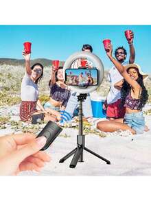 Foldable Telescopic Ring Light Selfie Stick With Dual Functions - Selfie Stick And Portable Soft Light Ring, One-Click Shooting With Built-In Fill Light Selfie Stick Compatible With Iphone Android Phone For Winter Vacation, Travel, Fill Light, Outdoor Activities, Live Streaming Vacation Travel Outdoor Activities Live Streaming Vlogging Equipment 360° Rotation - Black - View 2