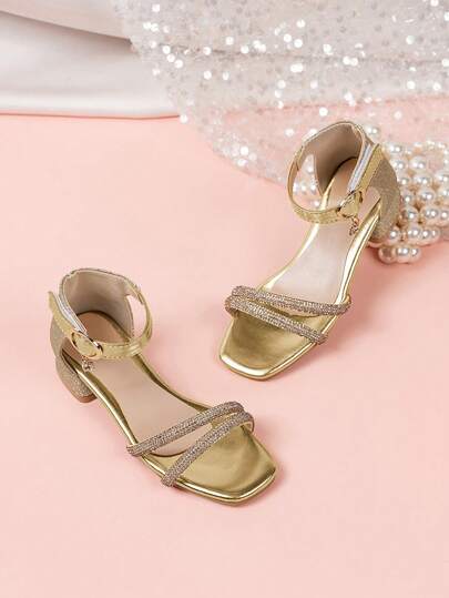 1 par de sandalias de princesa con tacón grueso y rhinestones de moda para niñas, suela blanda antideslizante, sandalias romanas de estilo coreano elegante para niñas, zapatos de baile de tacón alto, adecuados para el verano