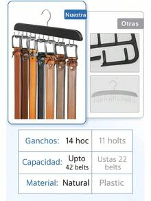 Timotech Percha Giratoria de Madera para Armario, Portacinturones y Colgador de Cinturones, Percha para Bufandas, Colgador de Accesorios y Organizador de Corbatas, Percha Metálica con 14 Ganchos - 1 - Ver 4