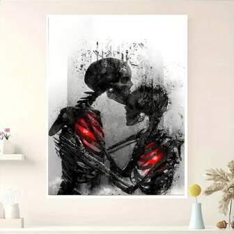 1pc Canvas Print, Canvas Poster, Printed Painting, Embracing Skeleton Couple Canvas Wall Art, Skeleton Love Poster, Modern Home Wall Decor, Unframed Wall Art Home Decor