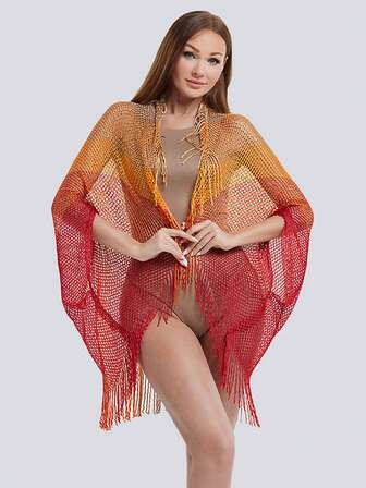 1件装女士撞色纯色网眼透气多功能流苏时尚沙滩泳池比基尼罩衫