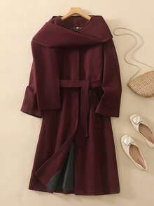 秋冬新款休闲百搭围巾领女式复古外套，长袖优雅通勤时尚大衣 - 酒紅色 - 查看 1