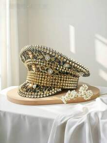 1 pieza Gorra de capitán con brillos de estilo steampunk con rhinestones para mujeres y hombres, gorra militar, adecuada para despedida de soltera, cosplay, Navidad, carnaval, bar, despedida de soltero, accesorio cálido