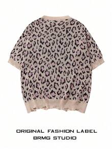 Modcrash Blusa de punto de cuello redondo de corte holgado y estampado de leopardo, para primavera/verano, unisex - Albaricoque - Ver 4