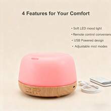 Essential Oil Diffuser, 300Ml Ultrasonic Oil Humidifier With 7 Color Lights 2 Mist Modes With Remote Control For Home, Office - USB - View 8