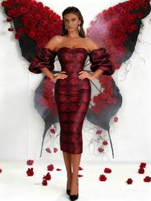 Christmas Elegant Red Rose Jacquard Strapless Dress, Suitable For Valentine's Day, Christmas Party