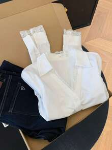 1件女士时尚白色衬衫，高品质衬衫，适合圣诞节装扮、返校派对、春夏约会、感恩节等场合。 - 白色 - 查看 8