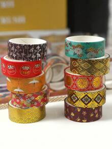 10 Rolls/Box, Vintage Botanical Flowers Pattern Washi Tape, Fashionable Hot Stamping And Silver Stamping Design Exquisite Chinese Style Pattern Decorative Tape, DIY Envelope And Greeting Card Making Scrapbook Decorative - Multicolor - View 7