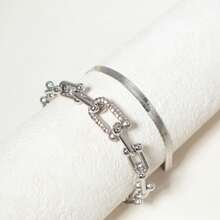 2pcs Minimalist Snake Bone Metal Bracelet Set, Hiphop Style U-Shaped Buckle With Rhinestones - 2-piece Set - View 5