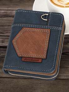 New Colorblock Men's Wallet, Minimalist Folding Compact Vintage Coin Purse, European & American Business Style Bifold Zipper Coin Wallet - Blue - View 7