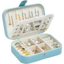 Song Xi Travel Jewelry Case With Mirror, PU Leather Small Jewelry Box For Women, Portable Mini Jewelry Organizer, 2 Layer Travel Jewelry Storage For Necklaces, Earrings, Rings, Bracelets(Blue),Blue - Blue - 查看 1