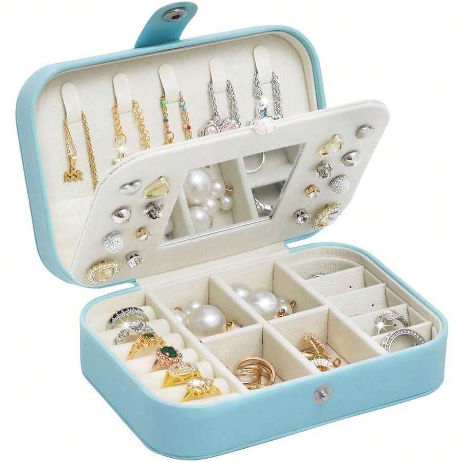 Song Xi Travel Jewelry Case With Mirror, PU Leather Small Jewelry Box For Women, Portable Mini Jewelry Organizer, 2 Layer Travel Jewelry Storage For Necklaces, Earrings, Rings, Bracelets(Blue),Blue - Blue - 查看 1
