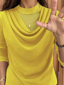 Elegant Double-Layer Ruffle Mesh Loose Long Sleeve Top, Casual & Versatile, Autumn/Winter - Yellow - View 8