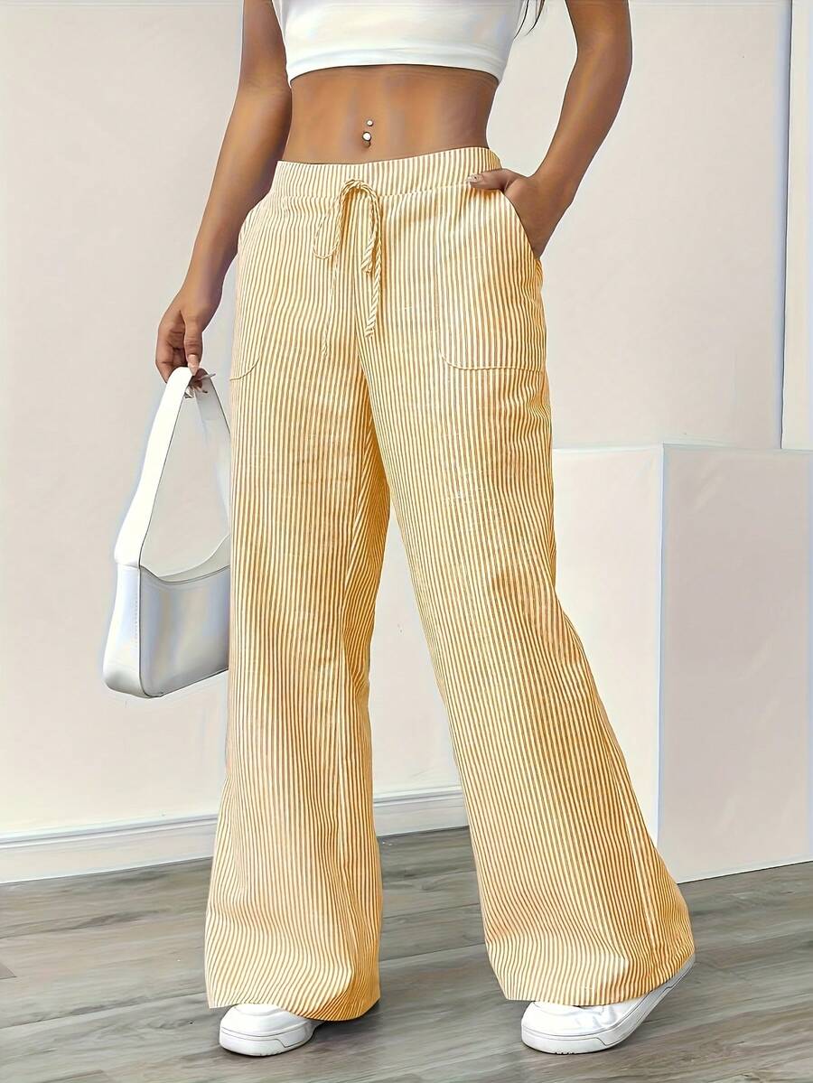 Women's Loose-Fit Outdoor Striped Wide-Leg Pants - Multi-Color, Pink & White Stripe & More, Drawstring Waist, Fall/Winter Bottoms | Cozy Home & Leisure Wear | Minimalist Stylish Athletic Trousers, Suitable For Teens To Adults - 黃色 - 查看 1