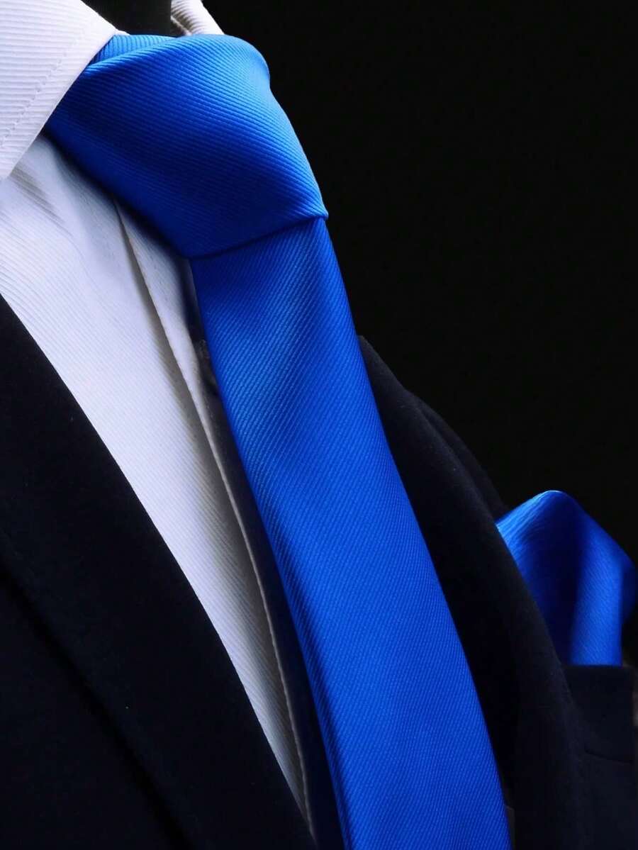 1pc Men's 8cm Royal Blue Threaded Tie Square Scarf Set Wedding Party Groom Tie Set - Royal Blue - View 1