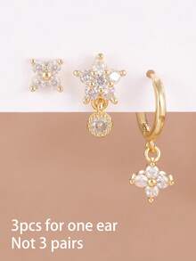 3PCS Light Luxury Exquisite Fashion Zirconia Flower Stud Earrings Set For Women 18K Gold Plated Small Snowflake Pendant Earring Engagement Birthday Jewelry Gift - 3pcs for One Ear - View 5