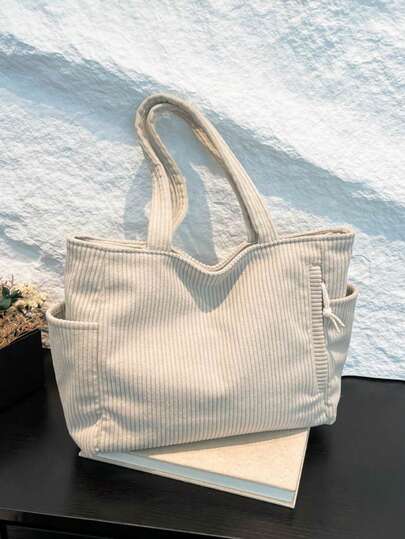 2025 New Women's Handbag, Large Capacity Commuter Shoulder Bag, Niche Design, Casual & Versatile, Minimalist Fashion, Corduroy Texture, Long Shoulder Strap, Zipper Closure, Spacious, Tote Bag, Literary Casual Style