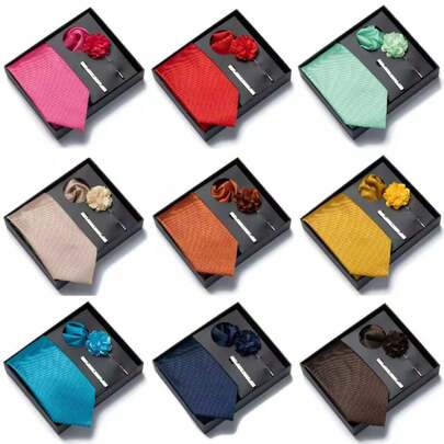 AlanKing Set de 4 piezas de corbata de unicolor formal, pañuelo de bolsillo, clip de corbata y alfiler de solapa, caja de regalo de accesorios para traje de hombre, adecuado para negocios, bodas, fiestas y días festivos