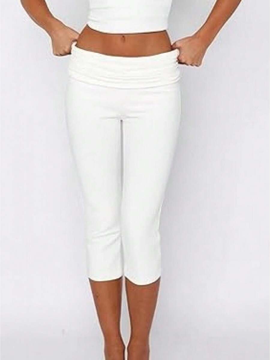Women Capri Pants, Elastic Waist 3/4 Length Pants Solid Cropped Pants For Casual Daily - White - View 1