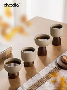 choxila 1个复古陶瓷杯，带木质底座，适用于盛放茶、咖啡、甜点、冰淇淋，也可作烛台使用，适合家居、办公室、店铺等场所。 - Cup - 查看 9