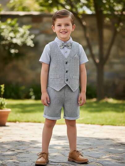 BOARNSEORL 三件套男童绅士套装：短袖衬衫配领结、灰色马甲、灰色短裤，时尚百搭，适合户外活动、婚礼、生日派对、节日等场合。