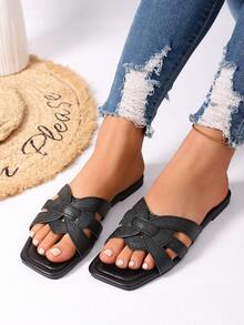 女士夏季交叉爱心图案平底凉鞋，时尚简约纯色露趾平底凉鞋，适合户外休闲、海滩、度假、室内穿着，方头设计，轻便舒适，黑色 - 黑色 - 查看 6