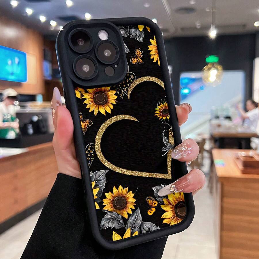 Estuche para teléfono con diseño de mariposa y corazón de girasol Compatible con estuches para teléfonos 17 16 Pro Max 15 Pro Max 13 y 12 Hecho de material de TPU que brinda protección contra golpes y caídas Un gran regalo para familiares, amigos, seres queridos, novios, novias y para Navidad - Negro - Ver 1