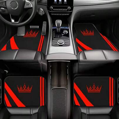 4pcs Crown Print Car Floor Mats, Car Carpet, Front & Rear Automotive Foot Pads - Universal Fit For Truck, SUV, Sedan - Durable Polyester Automotive Interior Accessories - Perfect Gift For Men, Women, Valentine's Day, Christmas, Car Interior Accessories | Fashionable Mats | Durable Polyester Mats, Car Mats