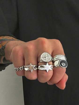 6 st moderiktiga stjärnringar i punkstil, vardagskläder för män