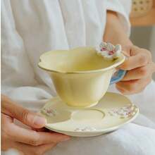 1 Set Minimalist Design Hand-Painted Embossed Plum Blossom Coffee Cup + Saucer Set