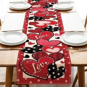 1 pieza Camino de mesa de San Valentín, corazones rojos y negros, lunares y rayas de tela de arpillera, adecuado para aniversario, boda, interior/exterior, hogar, cocina, decoración de mesa de comedor, artículos para fiestas