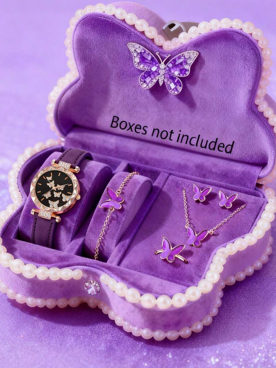6/5pcs Women's Fashionable And Elegant Butterfly Pattern Dial Quartz Watch, Suitable For Women To Wear, Paired With Butterfly Jewelry Necklace, Bracelet, Ring And Earring Set, Perfect As A Birthday/Holiday Gift For Women, Suitable For Daily Life Such As Returning To School, Parties And Travel. Christmas Gifts, Graduation Season, Valentine's Day, Perfect Gifts For Ladies - Multicolor - View 1