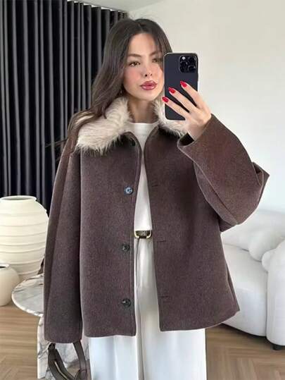 Women Artificial Fur Effect Collar Jacket Coat Autumn Winter Fashion Long Sleeve Button Coat Female High Street Outerwear New Jackets ﻿