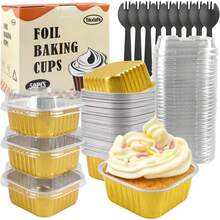 Moldes de papel de aluminio pequeños cuadrados para hornear, 50 unidades, charola desechable con tapa, contenedor para cupcakes, brownies, pasteles de queso, color dorado - Negro - - Ver 1