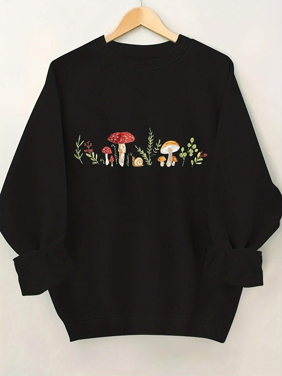 Women's Plus Size Oversized Green Sweatshirt - White & Mushroom Print (Snails/Toads) Forest Pattern, Soft Crewneck Pullover Sweater, Dark Olive-Green Casual Long Sleeve Top, Machine Washable All-Season Comfort Fit - White - View 1