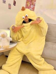 冬季女士连帽天鹅绒浴袍睡衣家居服，保暖天鹅绒珊瑚绒面料，趣味卡通动物图案，柔软聚酯纤维，简约睡衣，穿着舒适透气，适合冬季，保暖，万圣节礼物，主题派对，睡衣派对 - 黃色 - 查看 1