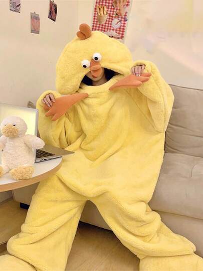 冬季女士连帽天鹅绒浴袍睡衣家居服，保暖天鹅绒珊瑚绒面料，趣味卡通动物图案，柔软聚酯纤维，简约睡衣，穿着舒适透气，适合冬季，保暖，万圣节礼物，主题派对，睡衣派对