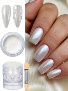 Y2K镜面铬闪粉美甲粉（带刷子），金属魔镜效果浸粉美甲油，白色、珍珠金、银色，可贴于指甲贴纸上，美甲用品 - 彩色 - 查看 5