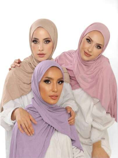 3pcs Jersey Hijabs Set, Classic Solid Color Silky Cotton 170*60cm Long Scarf Instant Head Cover Shawl, Suitable For Daily Casual, Outdoor, Gift, Muslim TURBAN