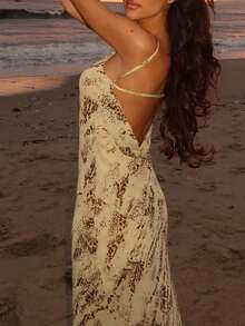 Elegant Asymmetrical Shoulder Spaghetti Strap Dress, New Summer Women's Fashion, Minimalist And Chic, Backless Design, Casual And Versatile Long Dress. Graceful Sleeveless Summer Dress, Suitable For Women's Commute, Casual And Elegant, Suitable For Commute, Party, Beach And Other Occasions. Graceful Women's Dress, Suitable For Various Occasions. Vacation Outfits For Women - Khaki - View 1