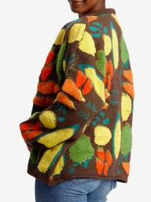 Women's Autumn Playful Fruit Pattern Knit Cardigan - Fashion-Forward Oversized "Harvest" Button-Up Sweater - Stylish Colorful Strawberry & Apple Print Outerwear - cà phê - Xem 2