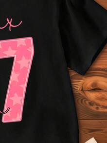 Camiseta de manga corta casual con cuello redondo y estampado numérico para niña - Negro - Ver 5
